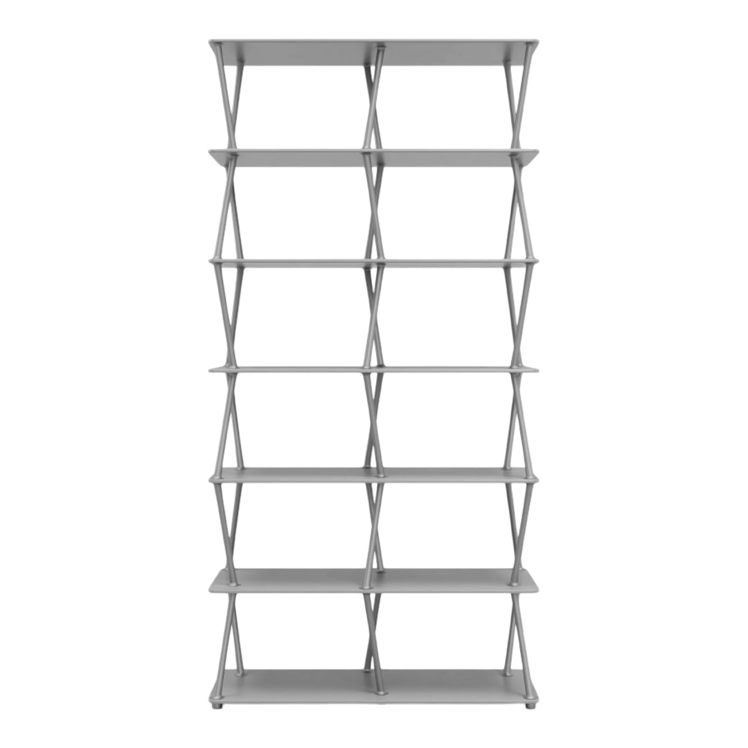 Gray metal shelving unit with a sleek, modern design featuring geometric open patterns and ample storage space.