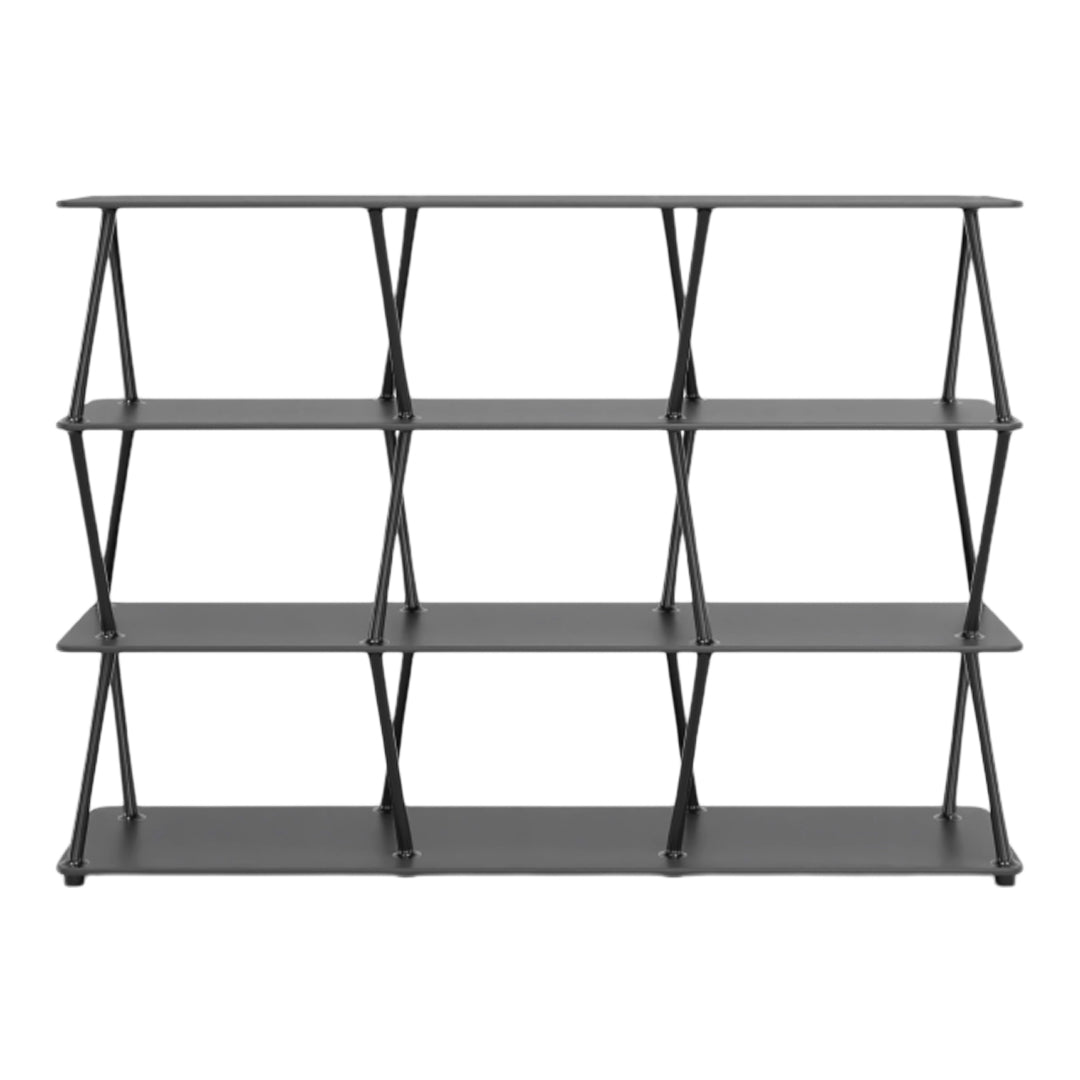 Modern black bookshelf with sleek lines and geometric pattern, featuring multiple open shelves for versatile display.