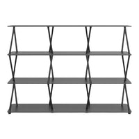 "Stylish black metal bookshelf with a modern geometric design featuring open shelves for versatile storage."