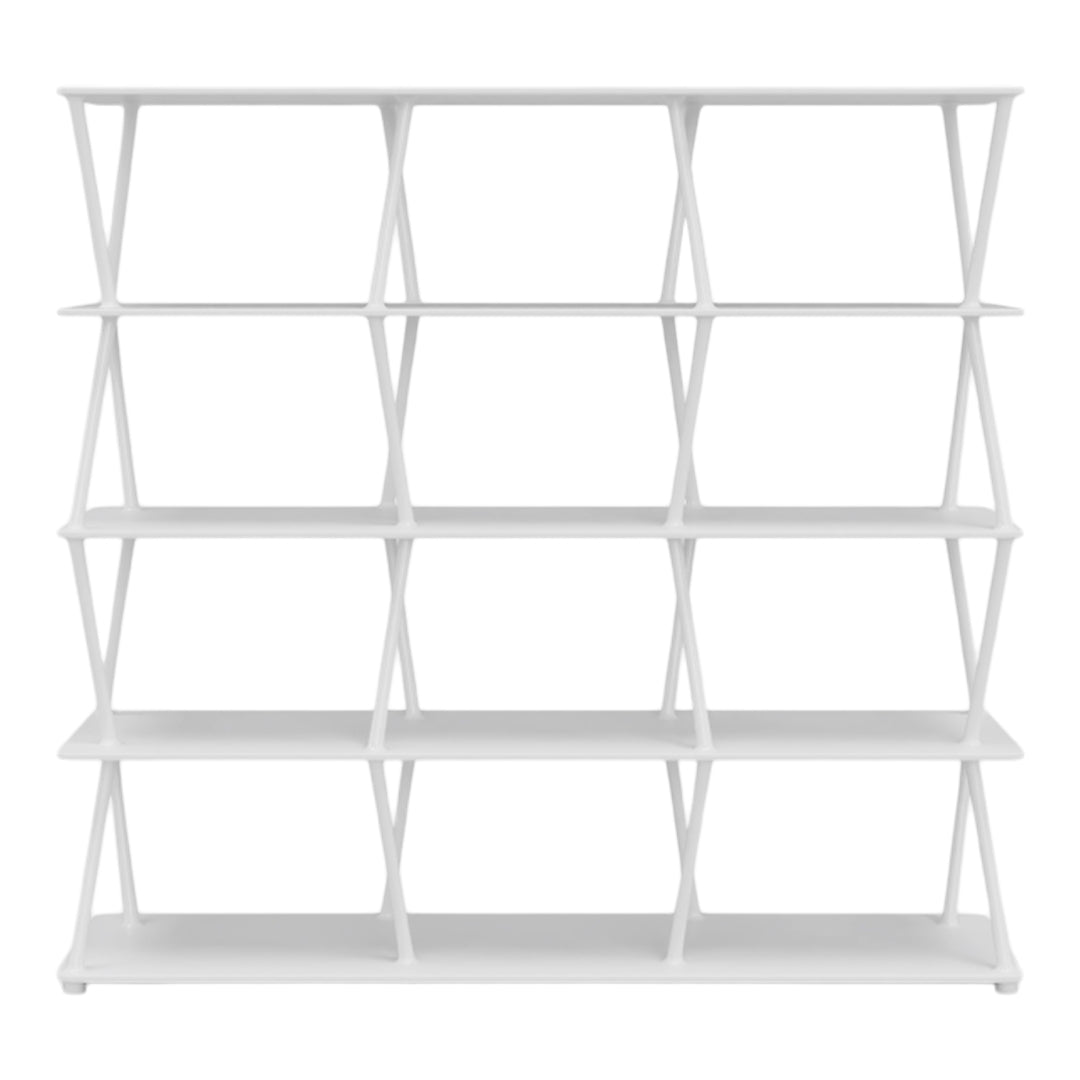 "Modern white bookshelf with geometric pattern and sleek design, perfect for stylish storage solutions."