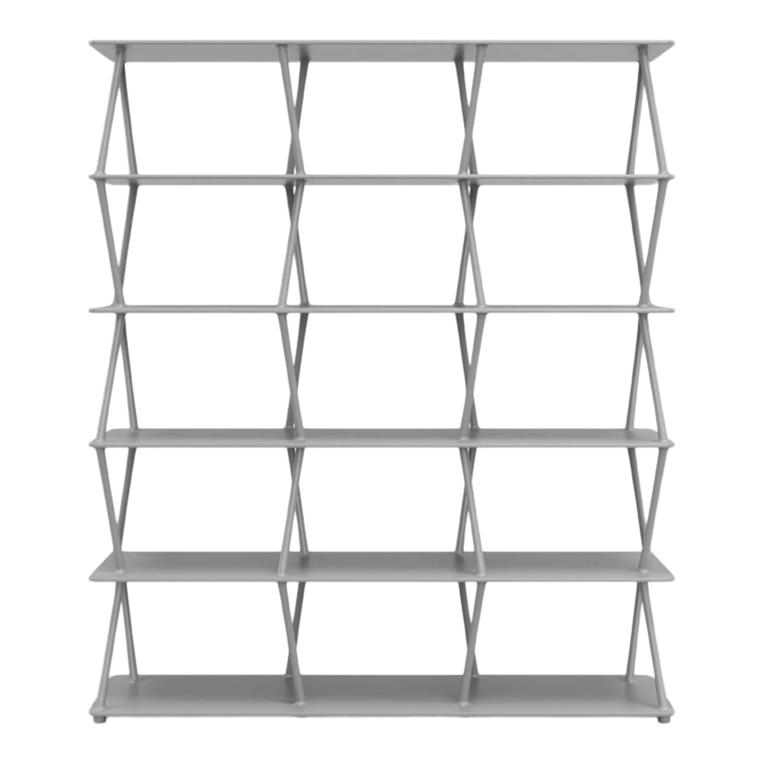 Gray geometric shelving unit with an elegant, modern design and open patterns for versatile storage.