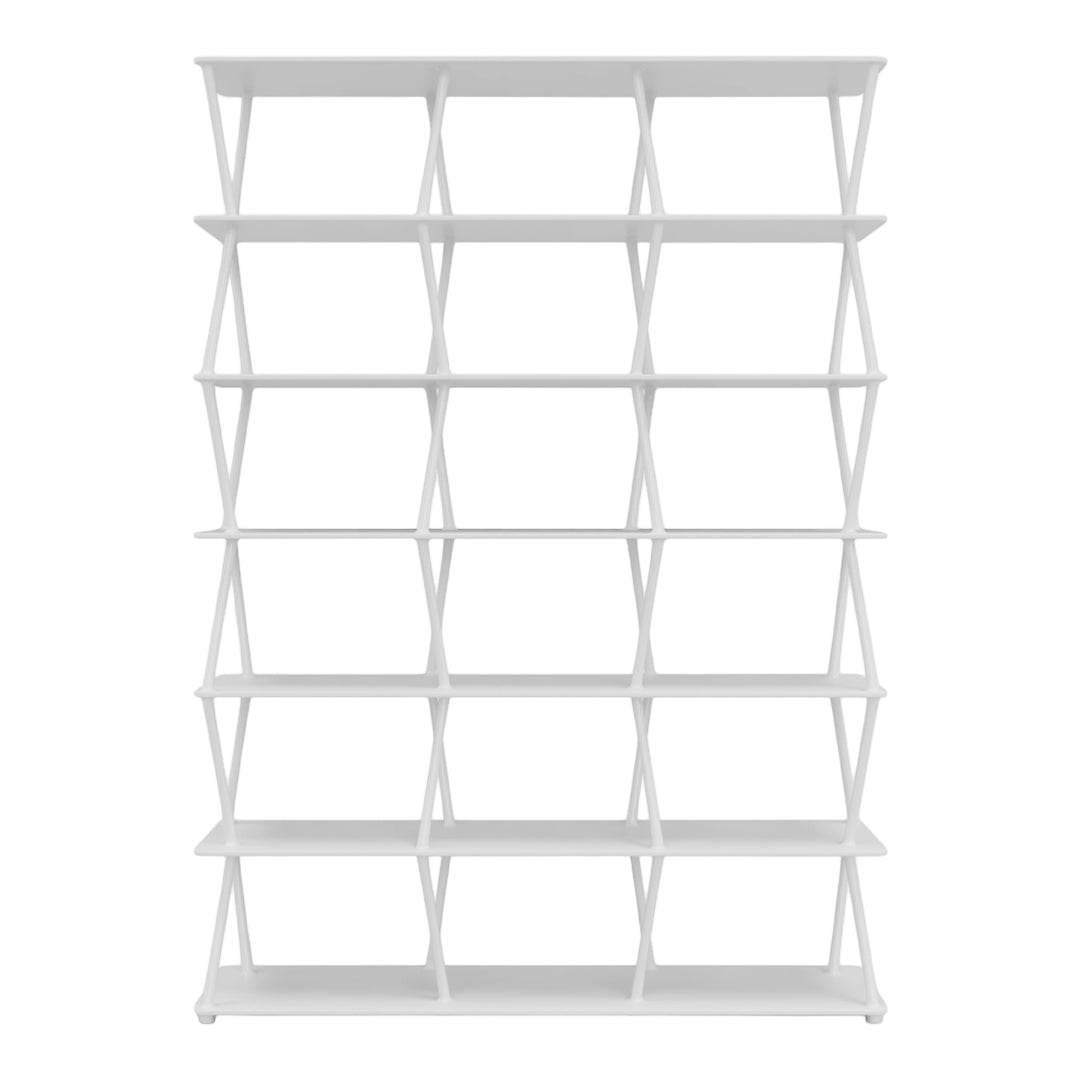 White modern shelving unit with a geometric open design and multiple compartments for stylish storage solutions.