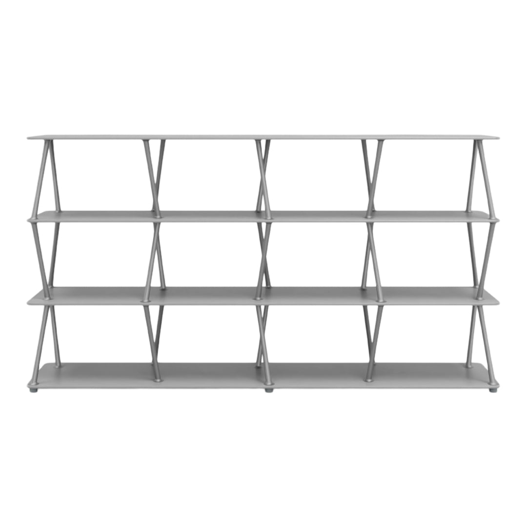 Gray minimalist shelving unit with a geometric pattern and open design, featuring multiple spacious shelves.