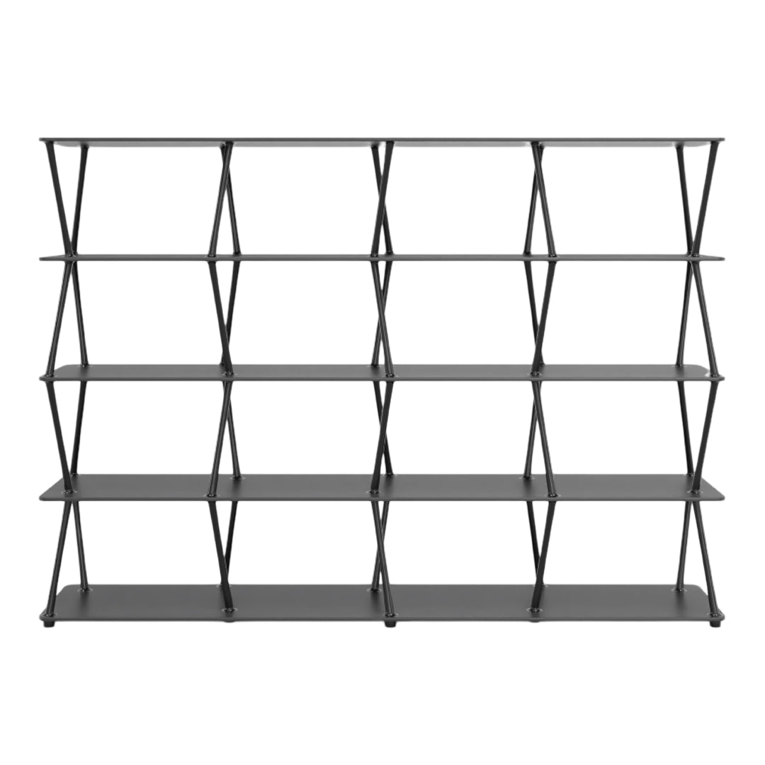 Modern black geometric bookshelf with open shelving and crisscross patterns. Ideal for stylish storage solutions.