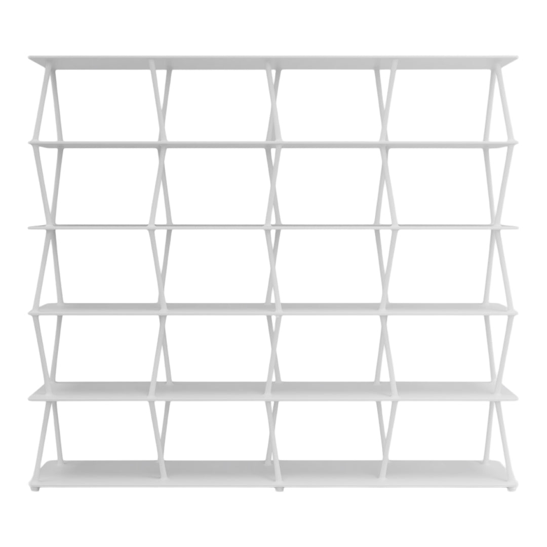 White geometric shelf with a modern design, featuring a grid pattern and multiple open compartments.