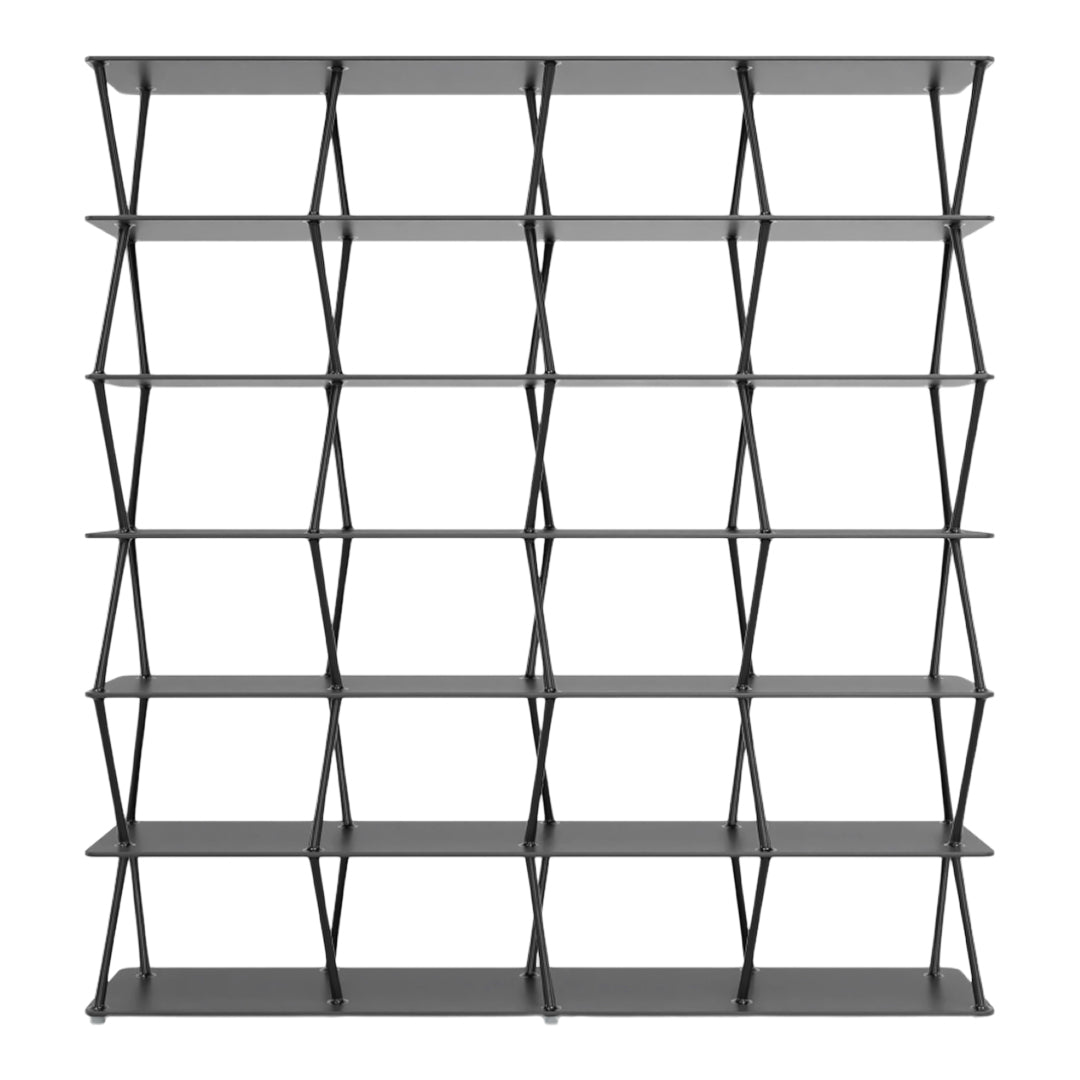 "Modern black metal bookshelf with a geometric zigzag pattern and spacious open shelves."