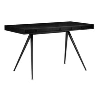 Sleek black desk with a minimalist design and angular metal legs, perfect for modern decor.