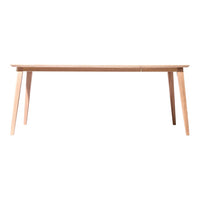 Light wood dining table with a smooth finish and tapered legs, featuring a minimalist design for modern decor.