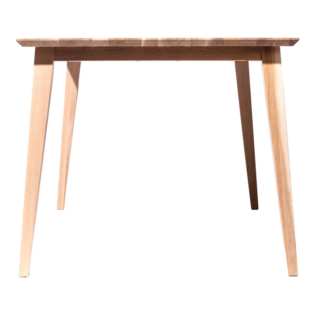 Natural wood table with light beige legs and a smooth, patterned wooden top in warm tones.