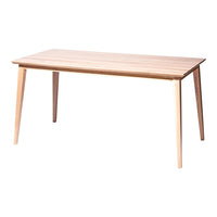 Light wood rectangular table with a smooth surface and natural grain, complemented by tapered wooden legs.