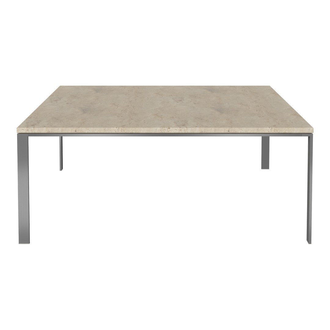 Square dining table with a light gray stone top and sleek silver metal legs, perfect for modern interiors.