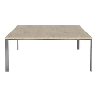 Neutral beige rectangular table with a minimalist gray metal frame, featuring a smooth textured surface.