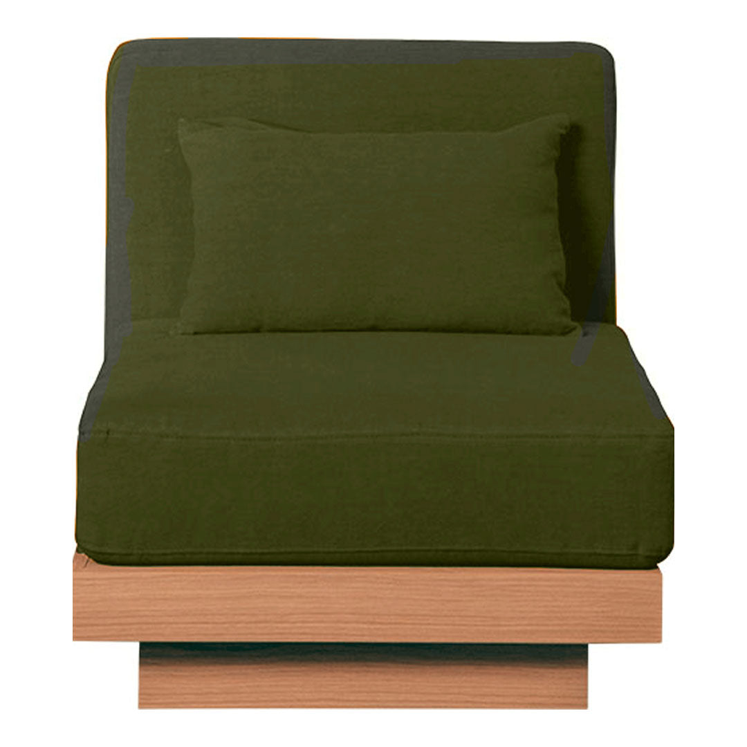 Green upholstery on a minimalist chair with a light wood base and matching cushion, featuring a simple, modern design.