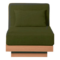 Green upholstery on a minimalist chair with a light wood base and matching cushion, featuring a simple, modern design.