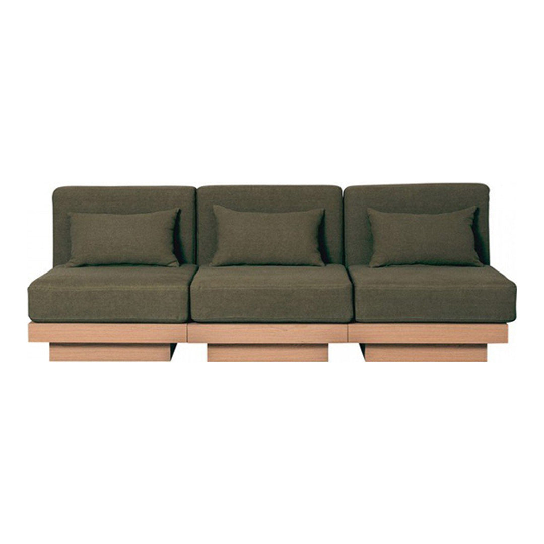 Dark olive green fabric sofa with minimalist design and wooden base, featuring clean lines and subtle texture.