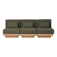 Dark olive green fabric sofa with minimalist design and wooden base, featuring clean lines and subtle texture.