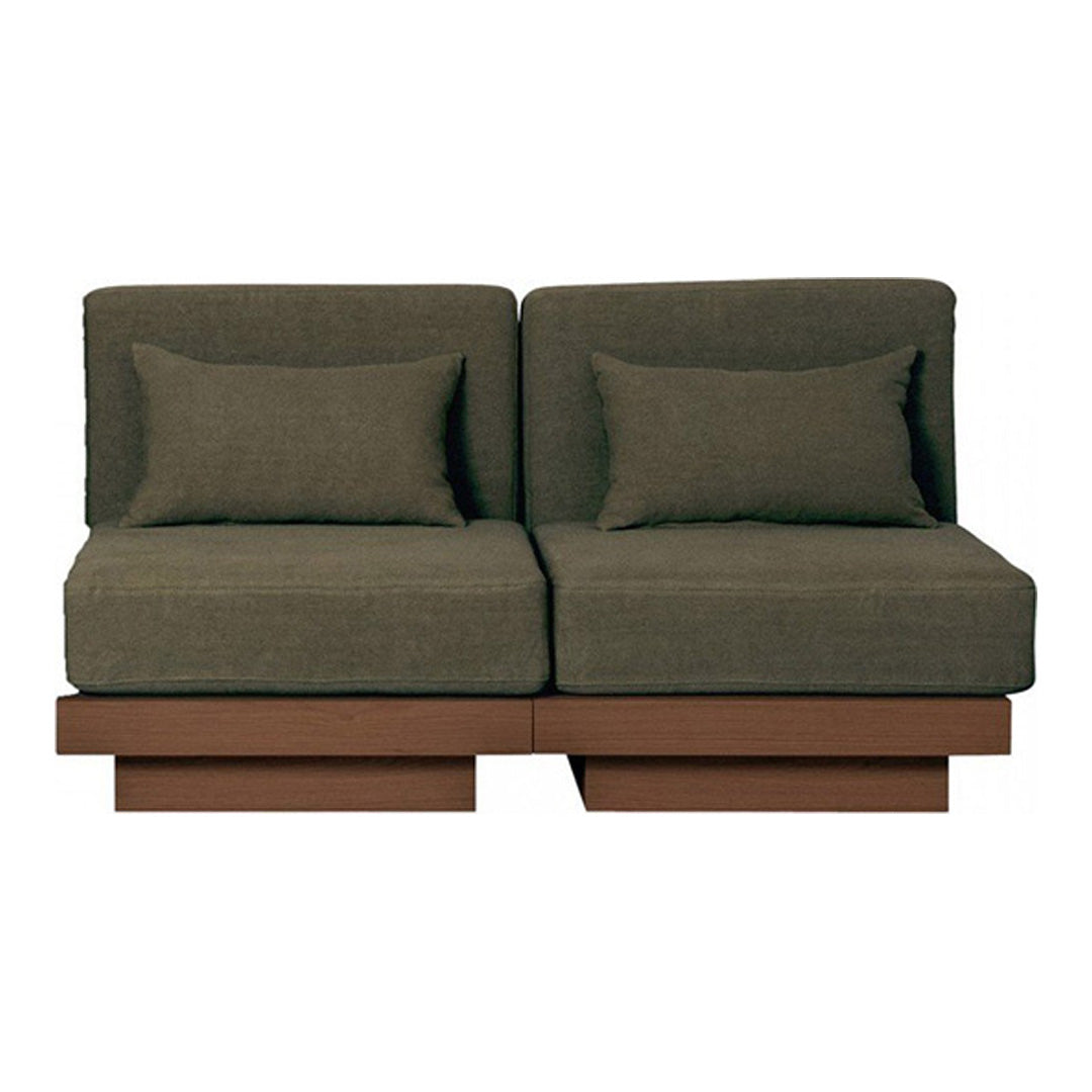 Green upholstered loveseat with two matching cushions, set on a sleek brown wooden base. Modern, minimalist design.