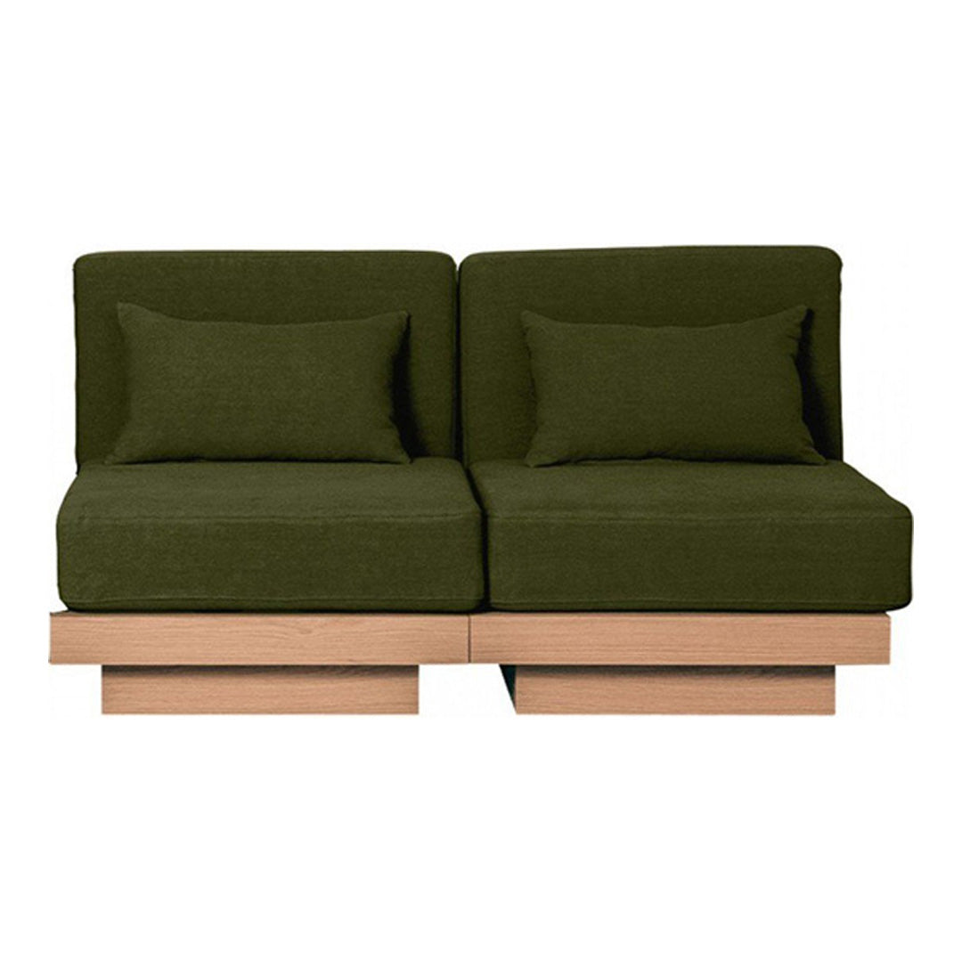 Olive green sofa with two matching cushions on a light wood base, featuring a simple, modern design.