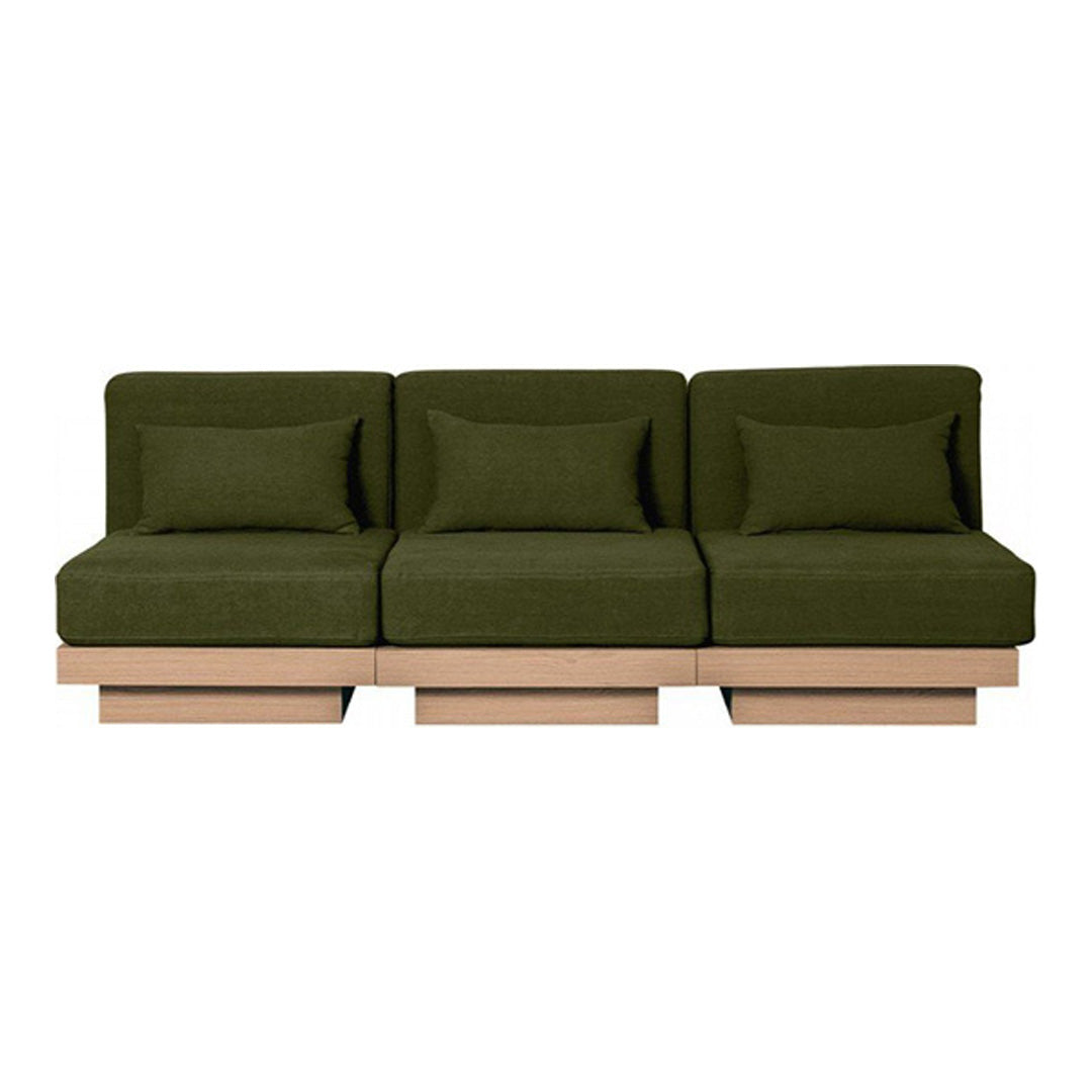 Olive green upholstered sofa with a sleek wooden base, featuring a modern, minimalist design and soft cushions.