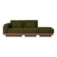Olive green fabric sofa with a minimalist brown wood base and no visible patterns. Ideal for modern living spaces.