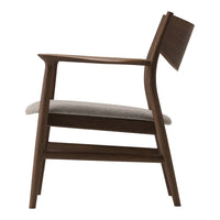 Mid-century modern chair featuring a dark wood frame and a light gray upholstered seat. Simple, elegant design.