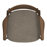Brown wooden chair with a cozy, textured gray fabric seat and elegant armrests for a modern touch.