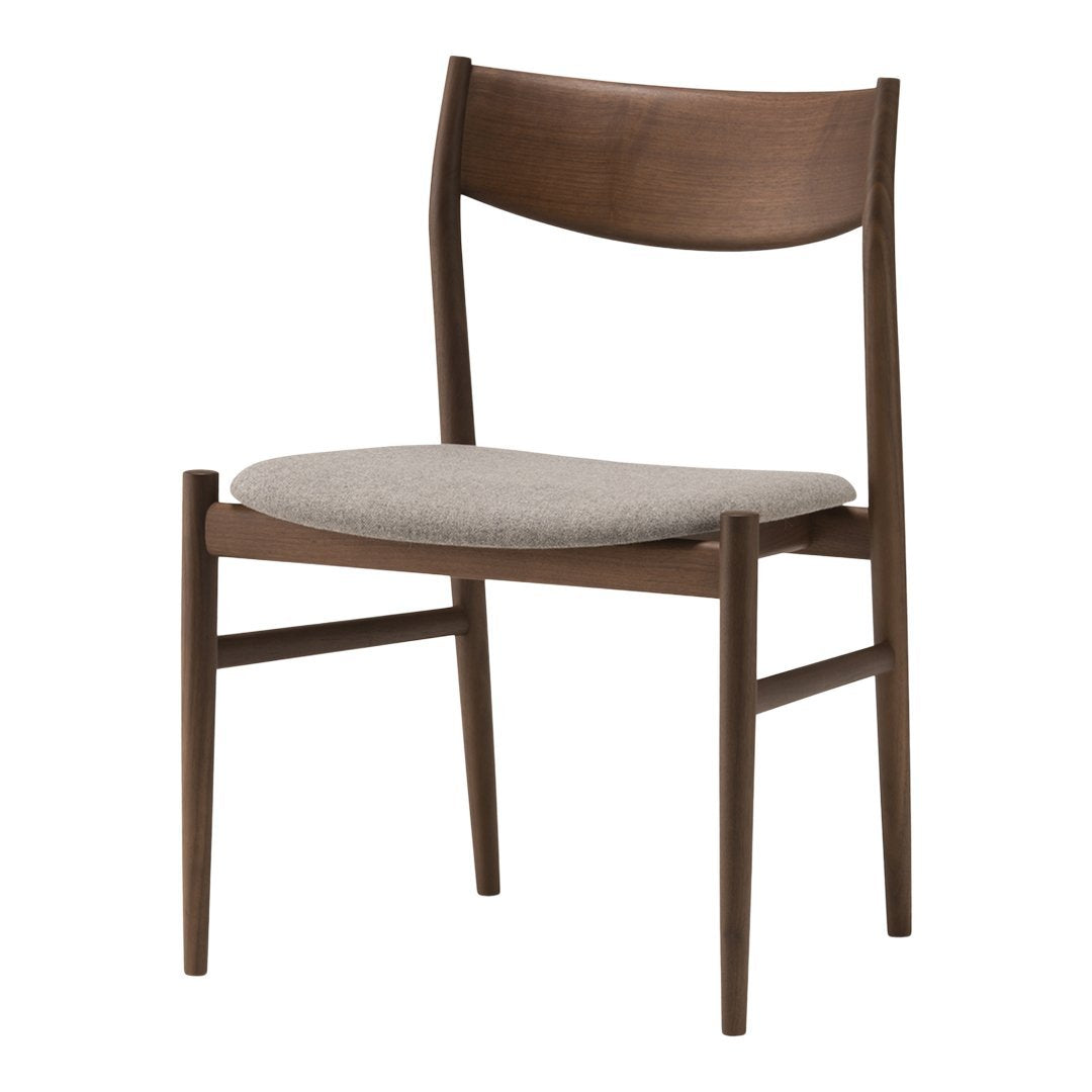 "Brown wooden chair with a light gray upholstered seat in a minimalist design."