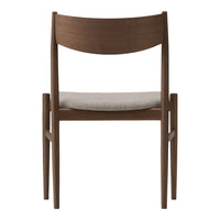 Wooden chair with a rich brown finish and a light gray fabric seat. Simple, modern design.