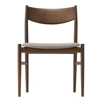 Brown wooden chair with a sleek, minimalist design and a light gray fabric seat.