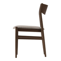 Side view of a brown wooden chair with a light gray upholstered seat and minimalist design.