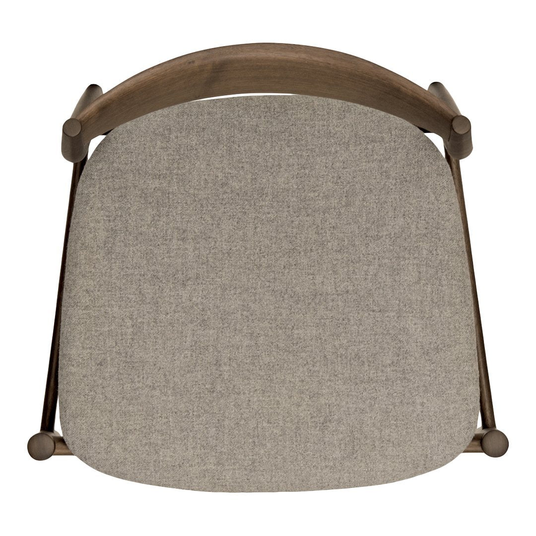 Top view of a gray fabric chair cushion with a wooden frame, showcasing a neutral, textured pattern.