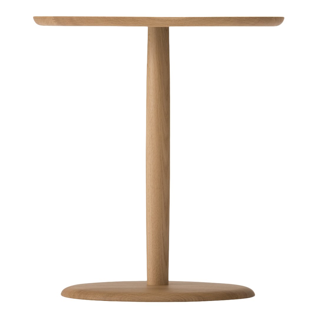Natural wood color side table with a smooth, minimalist design and round top. No visible patterns.