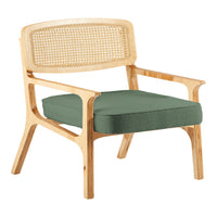 Green upholstered seat with natural wood and woven cane backrest, showcasing a modern and stylish design.