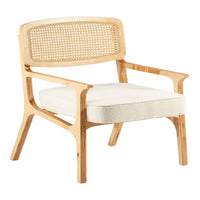Light wood frame with natural cane back, featuring a soft, cream-colored upholstered seat. Modern and stylish design.