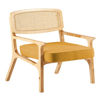 Stylish wooden chair with a natural finish, featuring a warm mustard yellow textured cushion and a woven backrest.