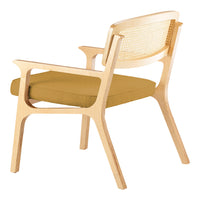 Wooden chair with a natural finish and a soft, mustard-yellow upholstered seat for a stylish touch.