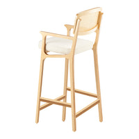 Natural wood finish with a light beige cushioned seat and woven cane back for a modern aesthetic.