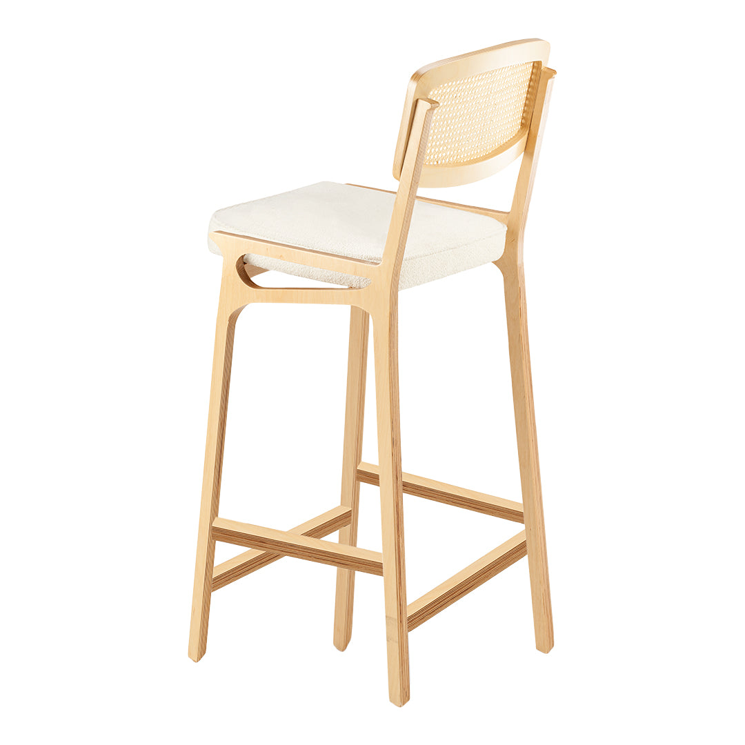 Beige upholstered seat with light wood frame and woven backrest, showcasing a minimalist and modern design.