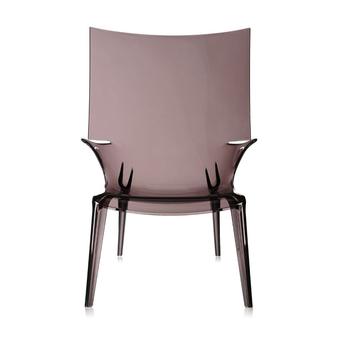 Transparent smoky purple chair with a sleek, modern design and smooth, minimalist lines. Perfect for contemporary decor.