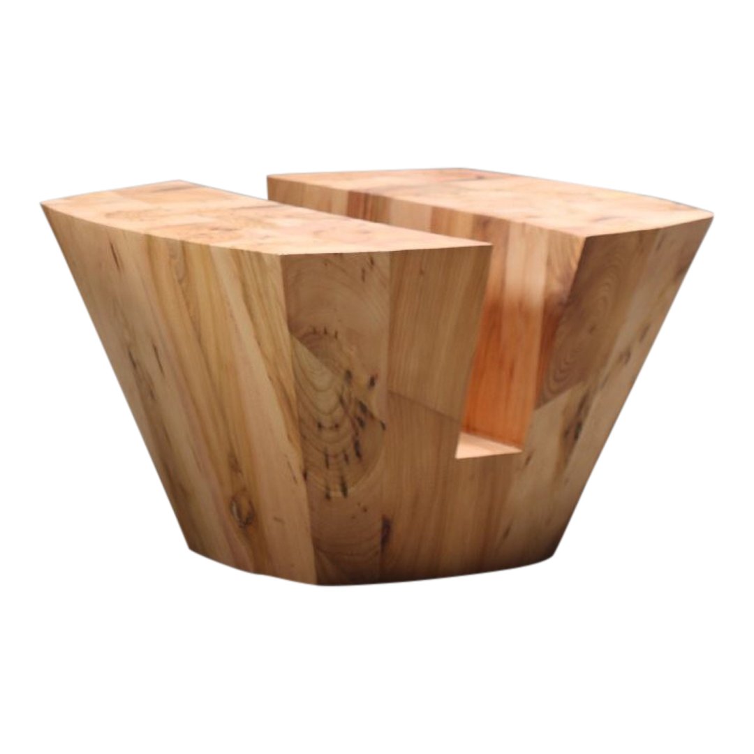 Natural wood table featuring a unique geometric design with warm honey and light brown tones.