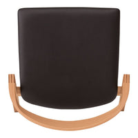 Black upholstered chair with a smooth finish, featuring a natural wooden rocking base.