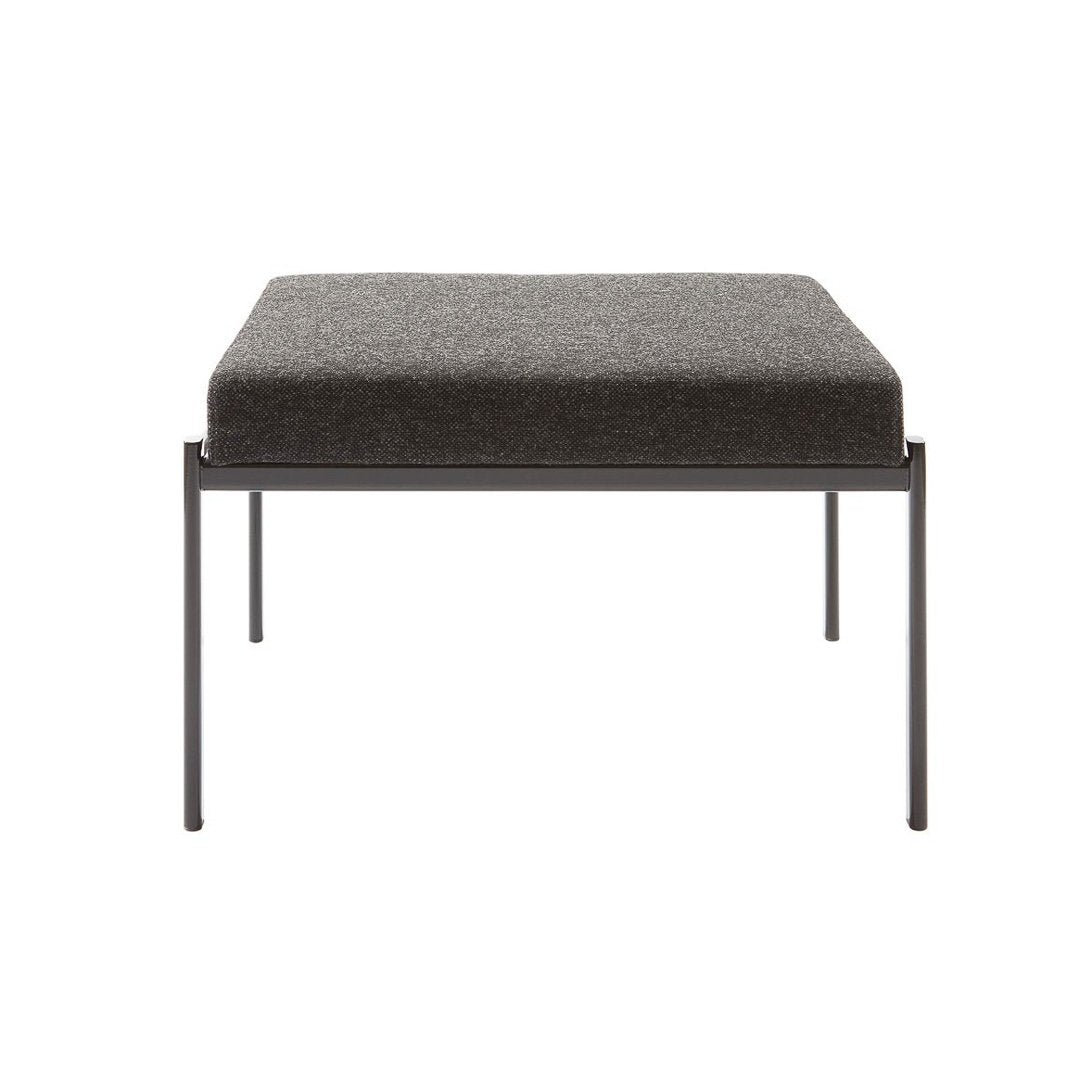 Gray upholstered ottoman with a minimalist black metal frame, featuring a subtle textured pattern.