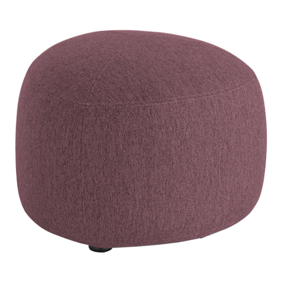 Plum-colored round ottoman with a textured fabric pattern, perfect for modern home decor.