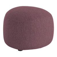 Plum-colored round ottoman with a textured fabric pattern, perfect for modern home decor.