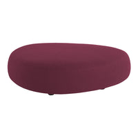 Plush oval ottoman in deep burgundy fabric, featuring a smooth, solid color design for a modern touch.