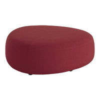 Round maroon ottoman with a smooth, solid fabric surface and no visible patterns. Ideal for modern decor.