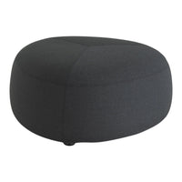 Round gray pouf with a textured fabric finish and minimalist design, perfect for modern decor.
