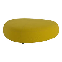 Round yellow ottoman with a smooth, textured fabric, perfect for adding a pop of color to any room.
