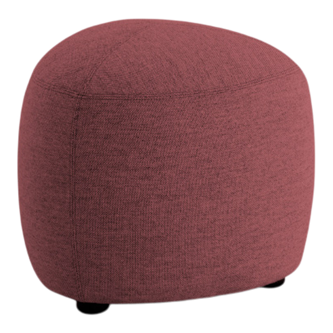 Plum-colored upholstered pouf with a textured fabric and rounded shape, perfect for modern decor.