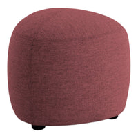 Plum-colored upholstered pouf with a textured fabric and rounded shape, perfect for modern decor.